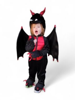Hallow's Eve Kids Black and Red Dragon Costume - Plush Winged Jumpsuit 3T